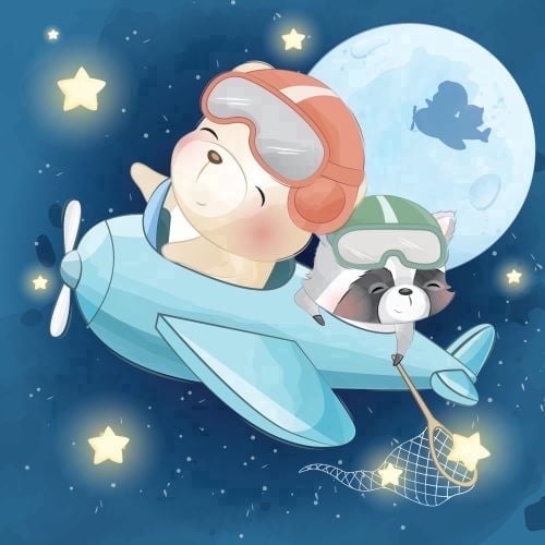 Teddy Bear & Raccoon Flying Next to Moon Edible Icing Image Cake Topper, by Tnct.