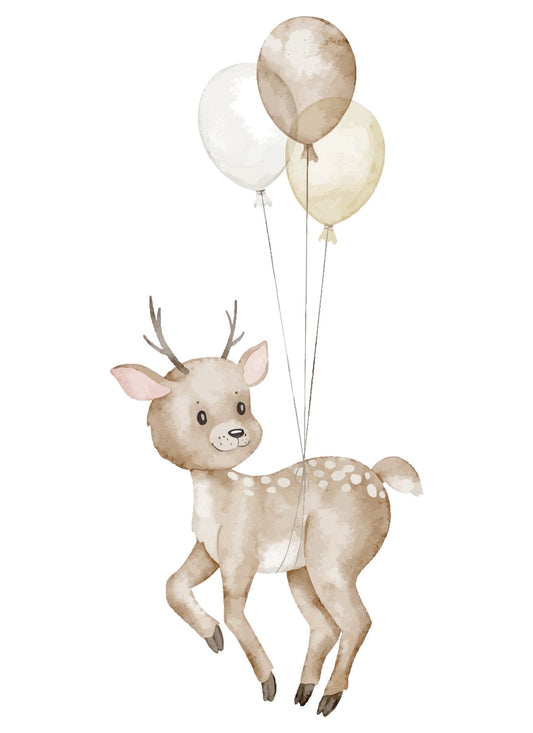 Watercolor Baby deer with Balloons Edible Icing Image Cake Topper, by Tnct.