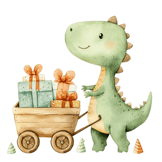 Watercolor Baby Green Dinosaur with Wagon Full of Presents Edible Icing Image Cake Topper, by Tnct.
