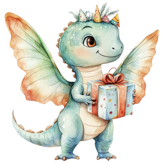 Watercolor Baby Green Dinosaur with Wings Holding Present Edible Icing Image Cake Topper, by Tnct.