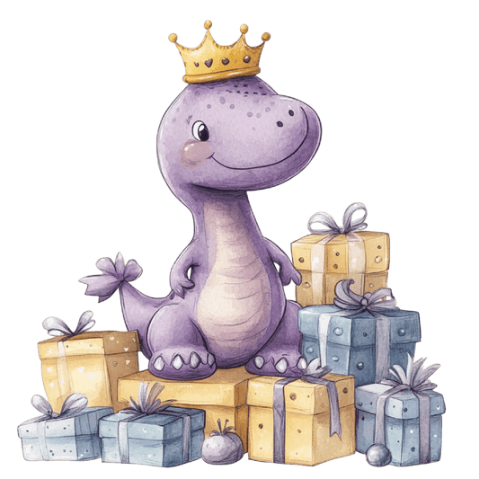 Watercolor BaBy Purple Dinosaur With Crown & Presents, BaBy Shower Theme Photo Edible Image Cake Topper