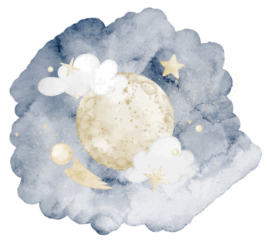 Watercolor Full Moon, Clouds & Stars in Dreamy Night Sky Edible Icing Image Cake Topper, by Tnct.