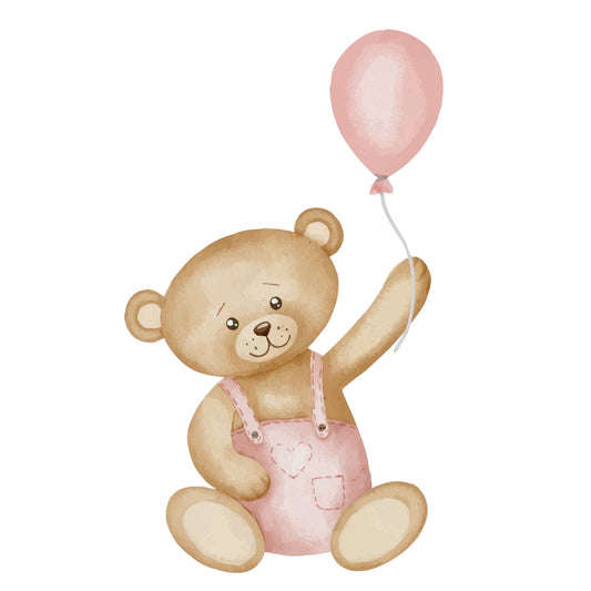 Watercolor Teddy Bear Holding Pink Balloon Wearing Pink Overalls Edible Icing Image Cake Topper, by Tnct.