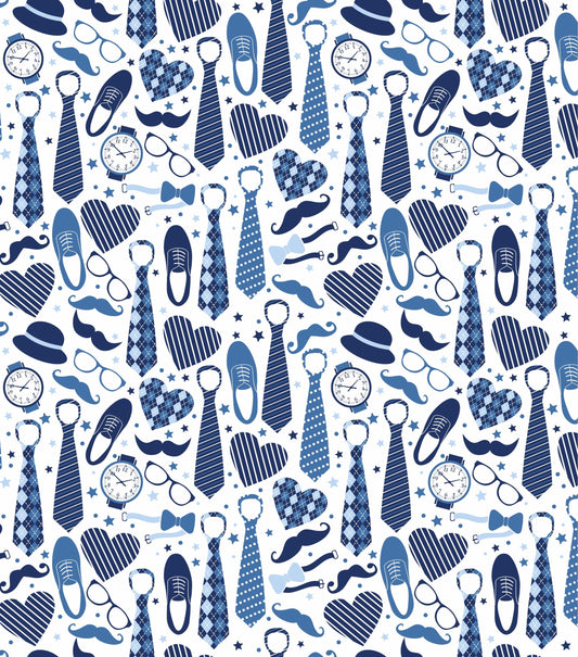 Blue & White Happy Fathers Day with Necktie, Bow tie, Glasses & Mustache Pattern Edible Image Photo Cake Topper For Quarter Sheet Cake