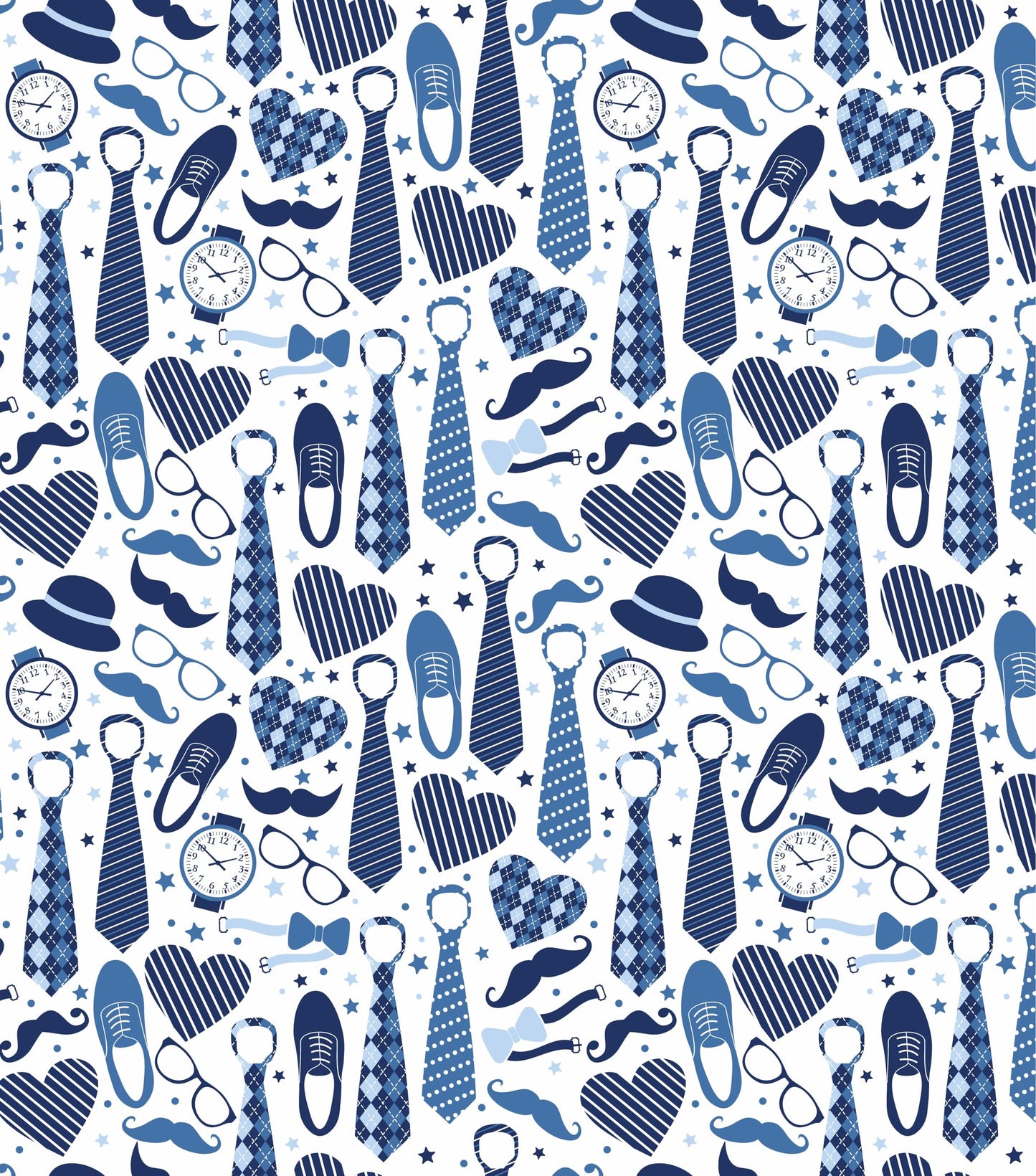 Blue & White Happy Fathers Day with Necktie, Bow tie, Glasses & Mustache Pattern On Edible Image Chocolate Transfer Sheet. Apply To Your Custom Chocolate Treats