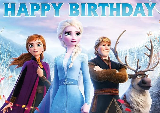 Elsa, Anna, Kristoff & Sven Happy Birthday Edible Image Cake Topper For Quarter Sheet Cake By TNCT