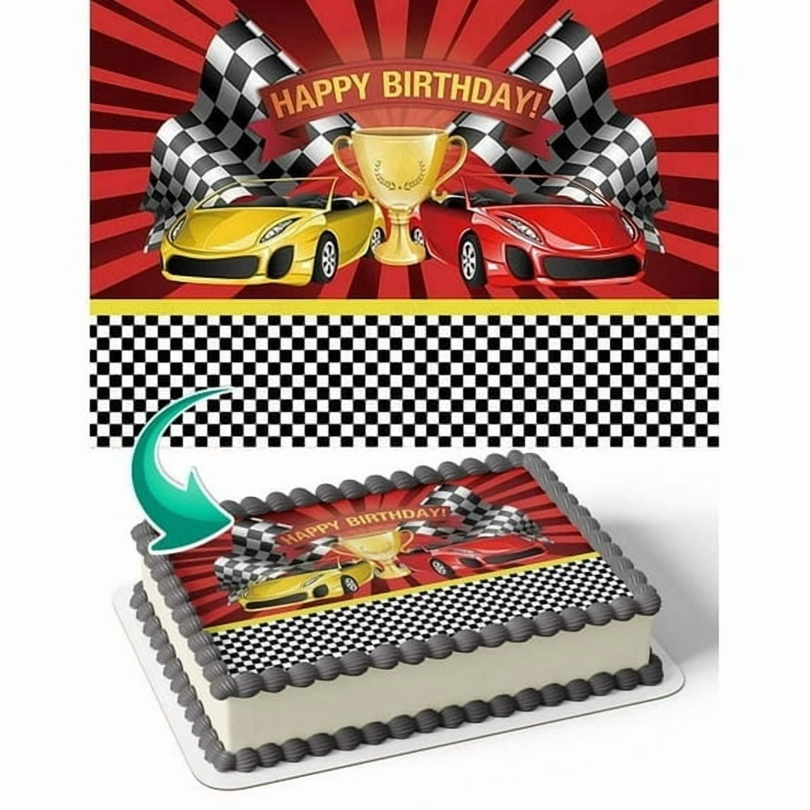 Red & Yellow Sports Car Racing Theme Trophy Flag Checkered Birthday Theme Edible Image Cake Topper For Half Sheet Cake By TNCT