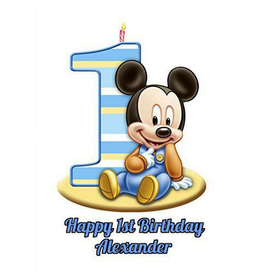 Baby Mickey Mouse 1st Birthday Candle Edible Image Cake Topper For Half Sheet Cake By TNCT