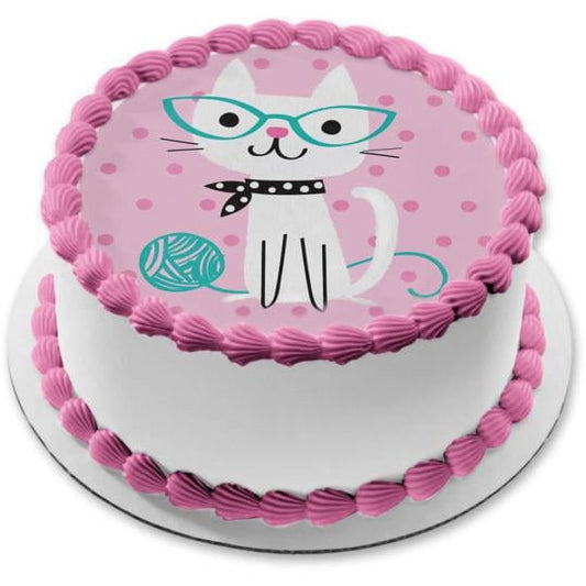Cute Purrfect Cat Pink and Teal Polka Dots Kitty Happy Birthday Edible Cake Topper Image 8in round ABPID50264