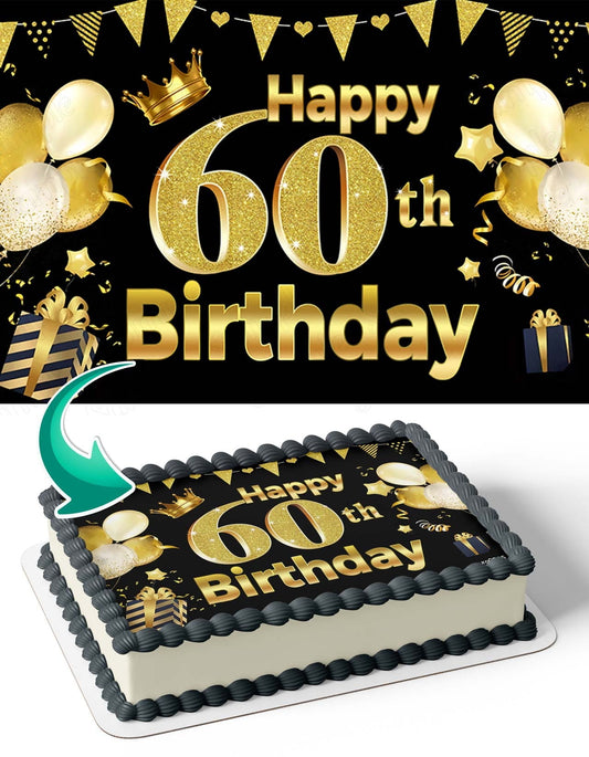 60th Luxury Gold Diamond Black 60LG Edible Image Cake Topper Birthday Sheet Banner 1/4 Sheet