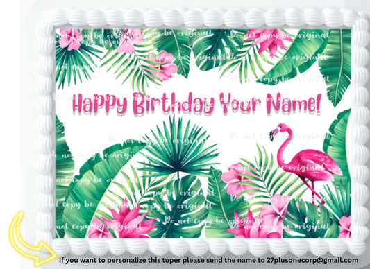 Flamingo Tropical Edible Image Icing Cake Topper for Quarter Sheet Cake, by Tnct.