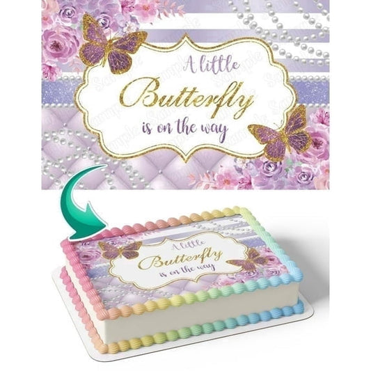 A Little Butterfly is on the Way Baby Shower Edible Icing Image Cake Topper, by Tnct.
