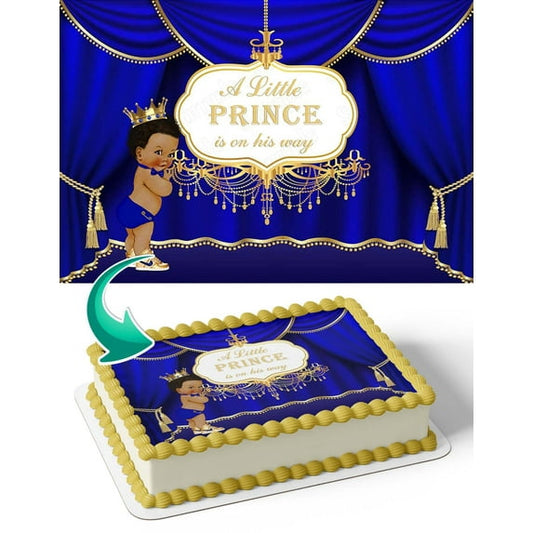 Little Prince Is On His Way Blue & Gold African American Gold Edible Image Cake Topper For Half Sheet Cake By TNCT