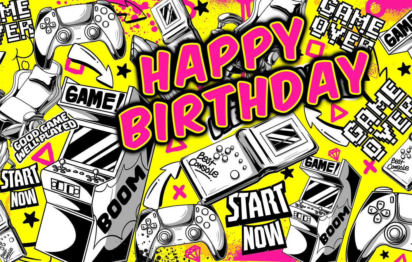 Good Game Well Played Pink, Yellow & Black Gamer Theme with Controller & Arcade Games Birthday Edible Image Cake Topper for Quarter Sheet Cake, by Tnct. (1 Count)