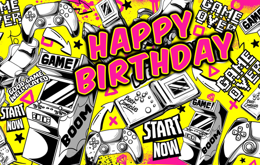Good Game Well Played Pink, Yellow & Black Gamer Theme with Controller & Arcade Games Birthday Edible Image Cake Topper for Quarter Sheet Cake, by Tnct. (1 Count)