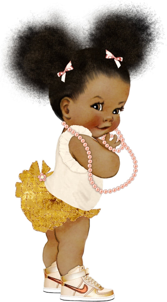 Afro Puff BaBy Gold Tutu Pink Pearls Cake Topper, By TNCT