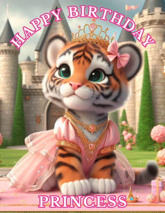 Happy Birthday Baby Tiger Pink Princess & Castle Edible Image Cake Topper for Quarter Sheet Cake, by Tnct. (1 Count)