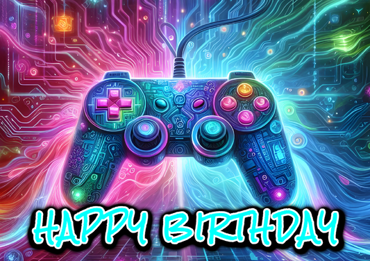 Bright & Colorful Happy Birthday Gamer Controller Edible Image Cake Topper for Quarter Sheet Cake, by Tnct. (1 Count)