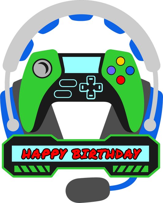 Gamer Life Headphones & Controller with Happy Birthday Banner Edible Image Cake Topper for Half Sheet Cake, by Tnct. (1 Count)