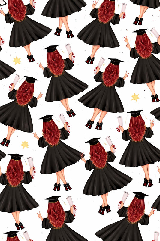 Back of Red Haired Woman in Cap & Gown Graduation Edible Image Cake Topper for Half Sheet Cake, by Tnct. (1 Count)