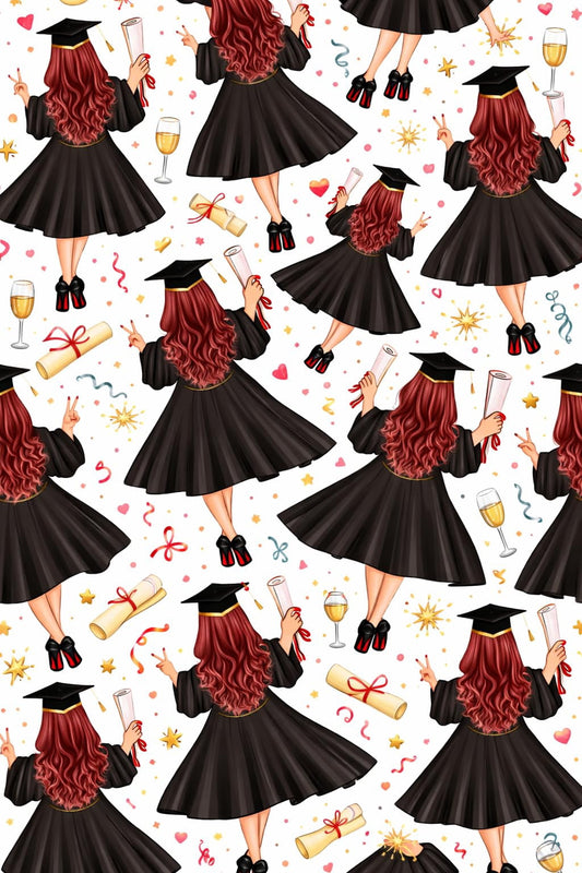 Back of Red Haired Woman in Cap & Gown Graduation with Diploma Edible Chocolate Transfer Sheet, by Tnct. (1 Count)