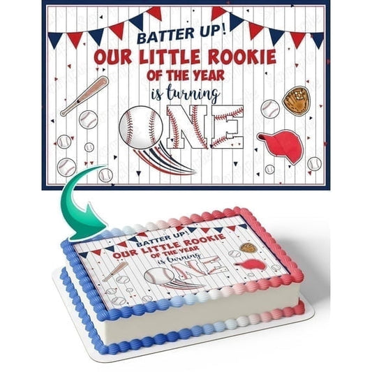 Batter up our Little Rookie of the Year is Turning one Edible Icing Image Cake Topper, by Tnct.