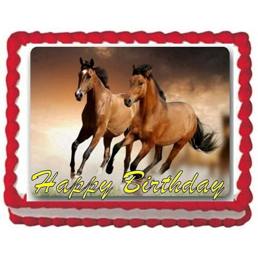 Beautiful Horses Happy Birthday Edible Icing Image Cake Topper, by Tnct.
