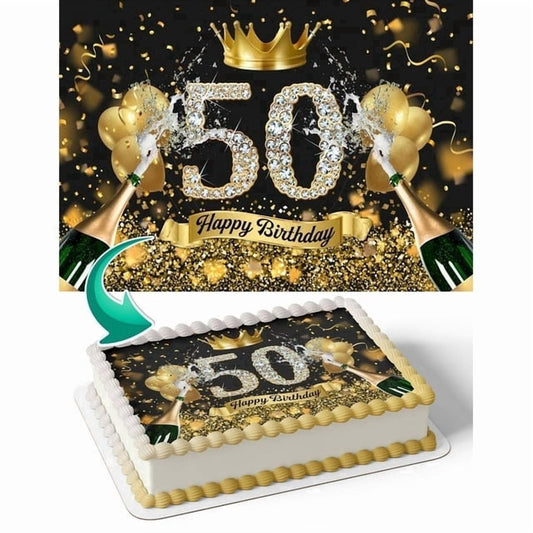 Black & Gold Balloons Crown Champagne Glitter 50th Happy Birthday Edible Icing Image Cake Topper, by Tnct.