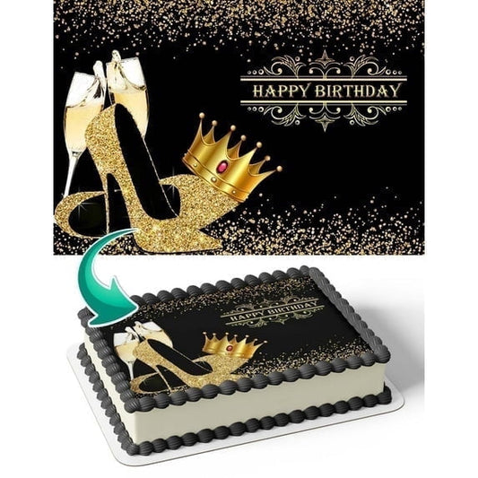 Black and Gold Champagne Glitter Shoes Happy Birthday Edible Icing Image Cake Topper, by Tnct.