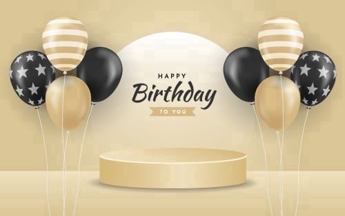 Black, White & Gold Happy Birthday to you Design with Balloons & Confetti Edible Icing Image Cake Topper, by Tnct.