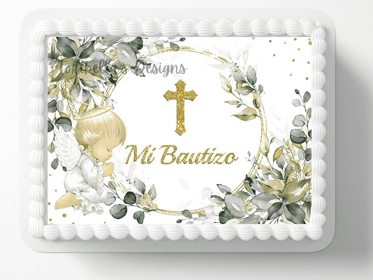 Blue Floral Mi Bautizo Edible Icing Cake Topper, by TNCT