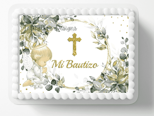 Blue Floral Mi Bautizo Edible Icing Cake Topper, by TNCT