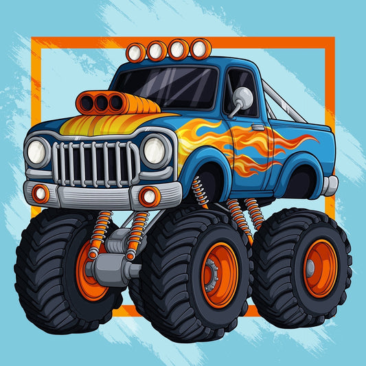 Blue Monster Truck With Flames Edible Icing Image Cake Border Strips & Cake Toppers, by TNCT (3 Count)