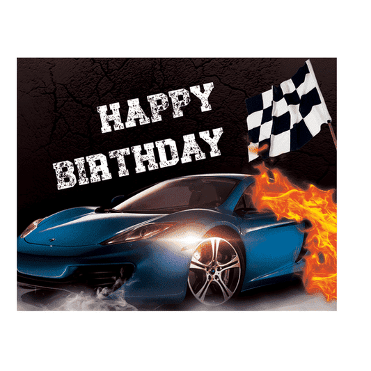 Blue Race Car Happy Birthday Edible Icing Image Cake Topper, by Tnct.