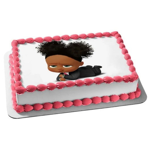 7.5" Round Pre-Cut Boss Baby Girl Black Suit Edible Image Cake Topper By TNCT
