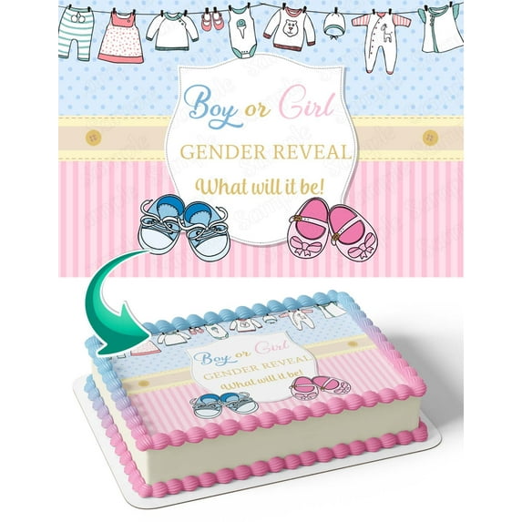 Boy or Girl Gender Reveal What Will It Be BOG With Baby Clothes Pink & Blue Edible Image Cake Topper For Half Sheet Cake By TNCT