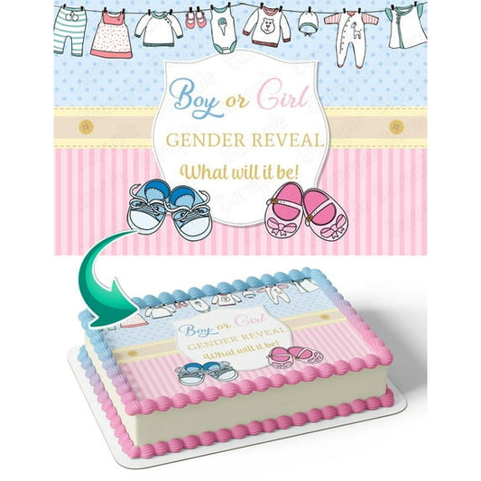 Boy or Girl Gender Reveal What Will It Be BOG With Baby Clothes Pink & Blue Edible Image Cake Topper For Half Sheet Cake By TNCT