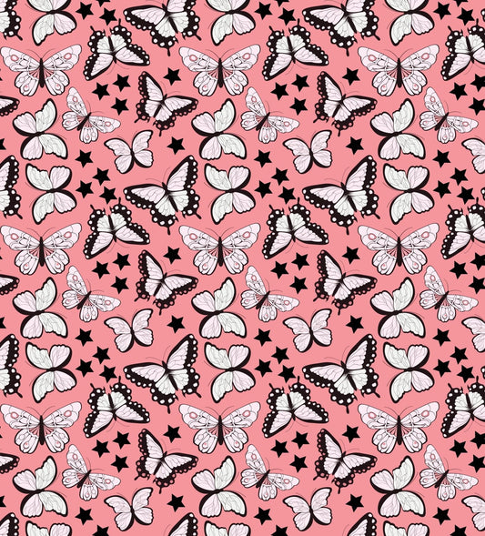 Butterfly & Stars Pink, Black & White Pattern Edible Image Cake Topper for Quarter Sheet Cake, by Tnct.