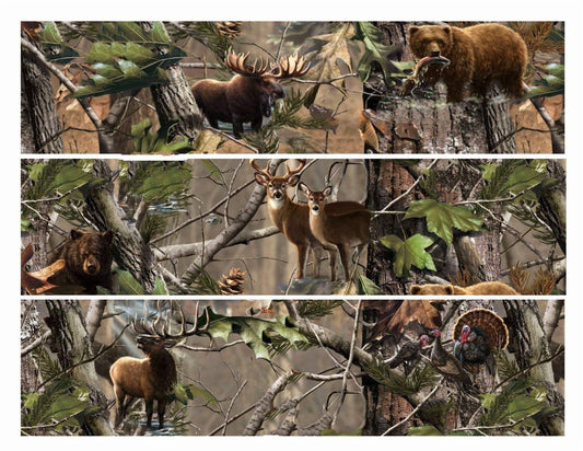Camouflage Scenery Moose Bear Deer Turkery Trees Edible Icing Image Cake Border Strips & Cake Toppers, by TNCT (3 Count)