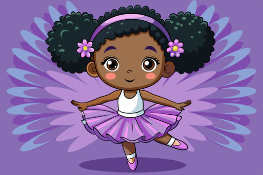 Cartoon African American Girl Ballerina with Purple Tutu & Purple Background Edible Icing Image Cake Topper, by Tnct.