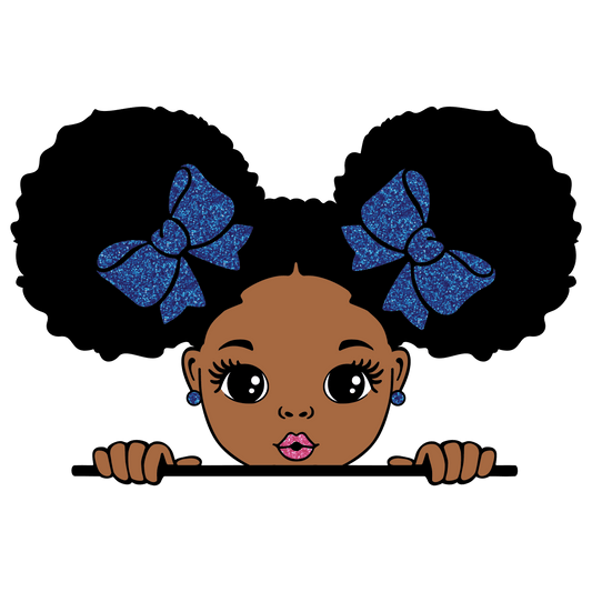 Cartoon African American Girl with Blue Earrings & Blue Bows in Hair Playing Peek a Boo Edible Icing Image Cake Topper, by Tnct.