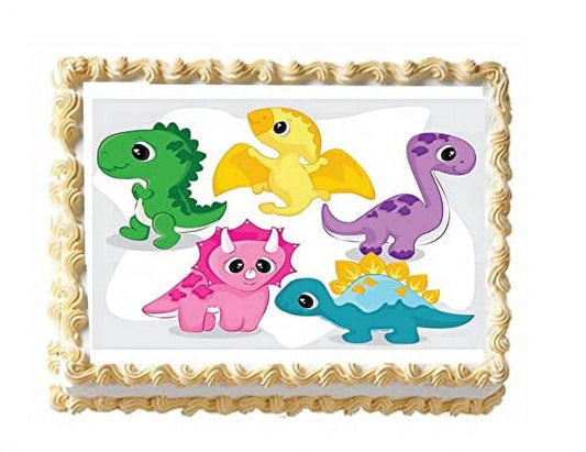 Colorful, Cartoon Baby Dinosaurs Edible Image Icing Cake Topper for Quarter Sheet Cake, by TNCT