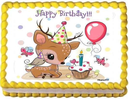 Cute Deer Happy Birthday Image Edible Cake topper Frosting Sheet