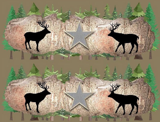 Deer Silhouette Wood Texture Pine Forest Edible Icing Image Cake Border Strips & Cake Toppers, by TNCT (3 Count)