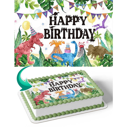 Dinosaur Trex Mountain Birthday Edible Image Cake Topper for Half Sheet Cake, by Tnct.