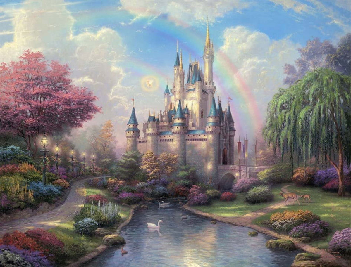 Fairytale Castle Rainbow Colorful Trees And Bushes Lake Edible Cake Topper Image ABPID00210V2