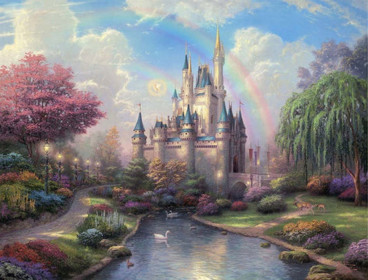 Fairytale Castle Rainbow Colorful Trees And Bushes Lake Edible Cake Topper Image ABPID00210V2