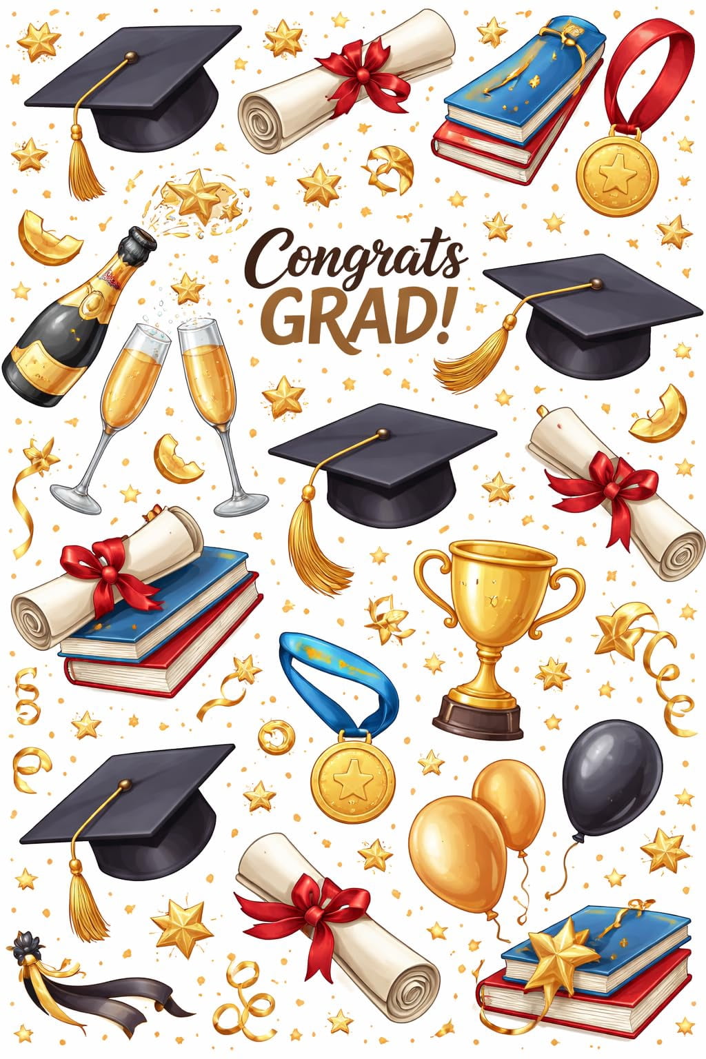 Festive Congrats Grad, Books, Cap & Diploma Pattern Edible Image Cake Topper for Quarter Sheet Cake, by Tnct. (1 Count)