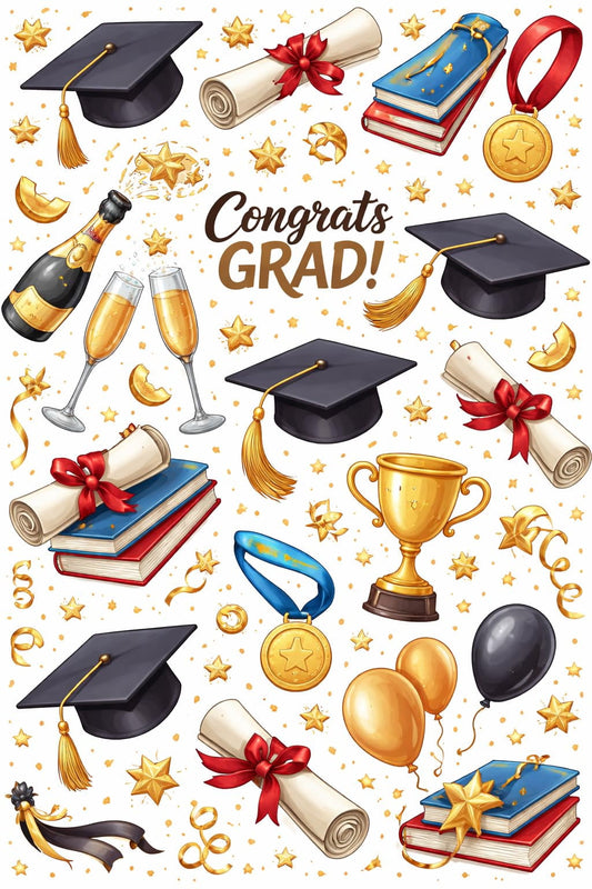 Festive Congrats Grad, Books, Cap & Diploma Pattern Edible Image Cake Topper for Quarter Sheet Cake, by Tnct. (1 Count)