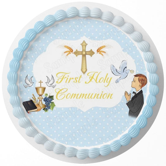 First Holy Communion Boy Edible Image Icing Cake Topper for Quarter Sheet Cake, by TNCT